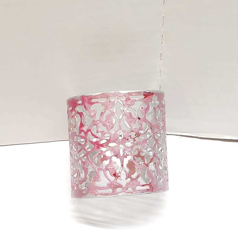 Hand Painted Abstract Pink & Silver Cuff Bracelet Filigree Statement Bracelet